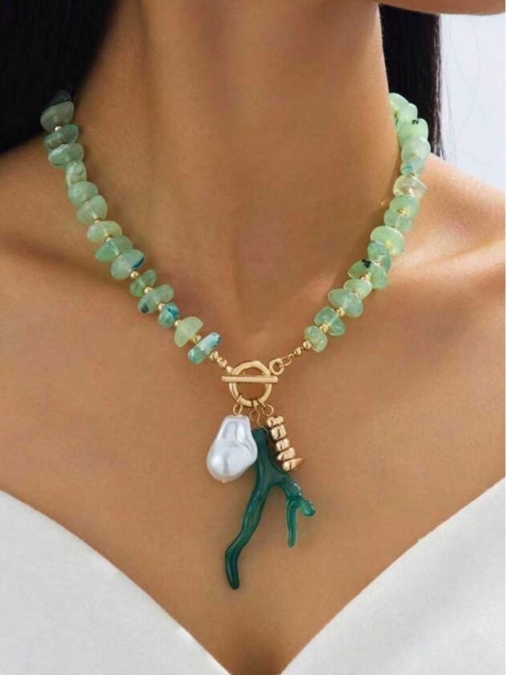 Coastal Green Beaded Pearl & Coral Charm Necklace